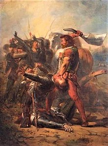 Pintura de Donia y Jelckama luchando por la libertad de su pueblo. El cuadro se llama: "Dapperheid van Grote Pier", que significa: "Valentía del Gran Muelle".  