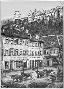 The grain market with horse-drawn carriages and statue of the Virgin Mary, 1881