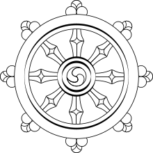The Dharmachakra (Wheel of Teaching) is the symbol of the Buddha's teaching. The eight spokes of the wheel indicate the Noble Eightfold Path.