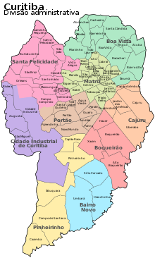 Harta orașului Curitiba, cu cartierele și districtele.