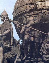 Dmitry Donskoi and the Emir of the Golden Horde Mamai defeated in the Battle of the Snipe Field - Scene of the National Monument A Thousand Years of Russia (1862)