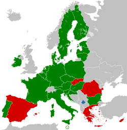 En karta över EU:s medlemsstater och deras inställning till att erkänna Kosovos självständighet Key:   erkänner Kosovo   erkänner inte Kosovo.  
