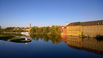 Main arm of the Main and lock island, with former fishermen's quarter Fischerrain (left) and Spinnmühle (right)