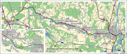 El accidente del ferrocarril en Mangfall Valley, marcado con una estrella amarilla en OpenStreetMap  