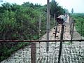 Crossing into the DPRK's part of Joint Security Area within the DMZ. The fence is electrified and the strip is mined.