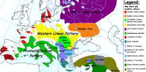 Verschiedene Farben zeigen verschiedene Arten von Kulturen im Mittelneolithikum