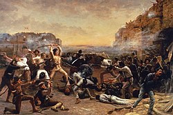 La caída del Álamo, pintura de 1903 de la Mansión del Gobernador de Texas en Austin, Texas  