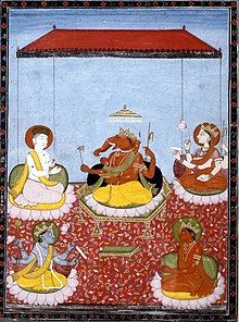 Un Panchayatana centrat pe Ganesha ("cinci zeități", din tradiția Smarta): Ganesha (centru) cu Shiva (stânga sus), Devi (dreapta sus), Vishnu (stânga jos) și Surya (dreapta jos). Toate aceste zeități au, de asemenea, secte separate care le sunt dedicate.  