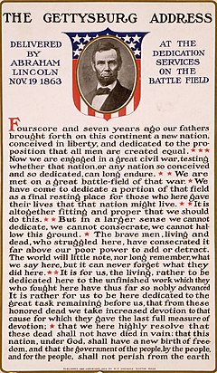 Un cartel de principios del siglo XX que muestra un retrato de Abraham Lincoln sobre las palabras del discurso de Gettysburg  