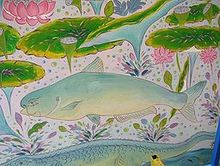Ilustración de un pez gato gigante del Mekong en un templo budista de Chiang Khong.