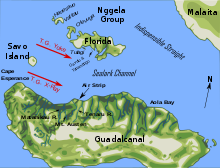 De allierede amfibiestyrkers ruter til landgang på Guadalcanal og Tulagi, 7. august 1942.  
