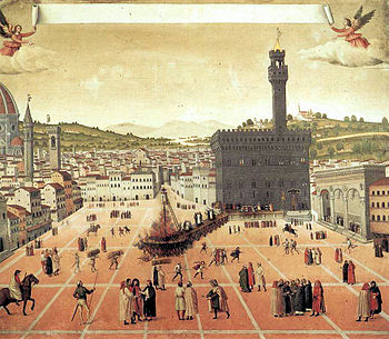 Obraz Savonarolovy popravy na náměstí Piazza della Signoria.