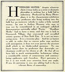 Redactie van september 1921 Photoplay magazine. Het vertelde zijn lezers de Amerikaanse film Heedless Moths (1921) niet te zien, omdat het een scène had met een naakte vrouw.