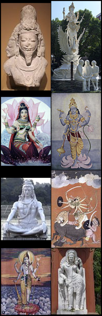 Hinduistickí bohovia (zhora): Brahma, Sarasvatí, Lakšmí, Maha Višnu, Šiva, Durga, Harihara a Ardhanarišvara.