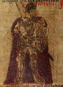 König Artus. Eine grobe Illustration aus einer walisischen Sprachfassung von Geoffrey von Monmouths Historia Regum Britanniae aus dem 15.