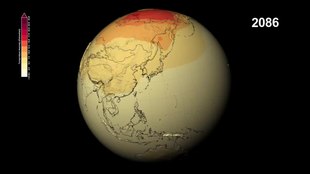 Play media file The NASA video (English, German subtitles) shows temperature and precipitation simulations for the 21st century. It is based on the four representative concentration pathways (RCPs) of the 5th IPCC Assessment Report with the increase of CO₂ levels in the air to 421 ppm (RCP 2.6), 538 ppm (RCP 4.5), 670 ppm (RCP 6.0) and 936 ppm (RCP 8.5) in 2100. The colors show the evolution of temperatures compared to the average values in the period 1971 to 2000.