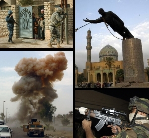 Im Uhrzeigersinn von oben links: eine Patrouille in Samarra; eine Saddam-Statue wird abgerissen; ein irakischer Soldat im Gefecht; eine Bombe explodiert nahe einem US-Konvoi im Süden Bagdads.