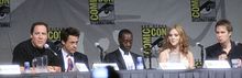 Director Jon Favreau with cast members Robert Downey Jr, Don Cheadle, Scarlett Johansson and Sam Rockwell at San Diego Comic-Con International 2009