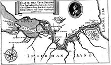 Illustration of the Newastrom with the newly founded city of St. Petersburg and the destroyed fortresses of Nöteborg and Nytenschantz.