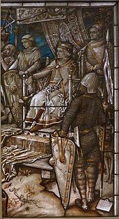 Konrad von Zähringen grants the settlement at the foot of the Schlossberg the town charter (stained glass by Fritz Geiges, 1899)