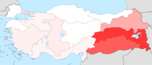 Percentuale della popolazione curda in Turchia per regione