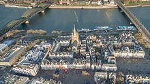 The Rhine flows along the old town of Cologne, March 2017