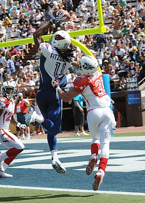 Een pass wordt gevangen door Larry Fitzgerald terwijl een verdediger de pass probeert te stoppen. De speler is dichtbij de eindzone en zou een touchdown kunnen scoren na het vangen van de pass.  