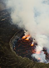 The constantly bubbling lava lake in the crater of Nyiragongo, one of the Virunga volcanoes, with a diameter of about 200 m the largest on earth. Its last eruption was in 2021.
