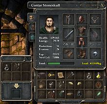 Um personagem de jogador chamado "Contar Stoneskull" em Legend of Grimrock. Os quadrados mostram fotos de itens que ele está vestindo e itens que ele tem com ele em sua aventura. Estatísticas como a sua saúde e experiência também são mostradas.