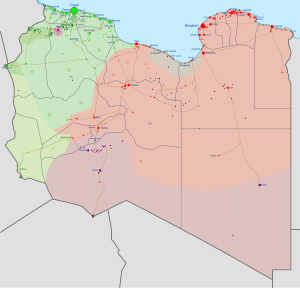 Bürgerkrieg in Libyen, Militärische Lage im Juni 2020 ﻿ Unter Kontrolle des Abgeordnetenrats (HoR) in Tobruk ﻿ Unter Kontrolle der international anerkannten Regierung der nationalen Einheit unter Fayiz as-Sarradsch ﻿Kontrolliert durch Kräfte der Tuareg (Verbündet mit Fayiz as-Sarradsch) ﻿Kontrolliert durch Ansar al-Scharia ﻿Kontrolliert durch neutrale lokale Milizen Für mehr Informationen steht folgende Karte zur Verfügung: Krieg in Libyen, detaillierte Karte