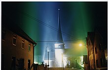 The Gelmeroda church as a light sculpture