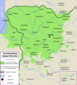 Lithuanian language area in the 16th century. This also included the northeastern part of the Duchy (later Kingdom) of Prussia ("Prussian Lithuania"), although politically this never belonged to Lithuania before 1945.