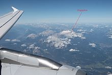 Aerial view from 10,000 meters above sea level of the Wetterstein Mountains and the Zugspitze