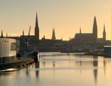 View of the old town of Lübeck from the Eric Warburg Bridge.