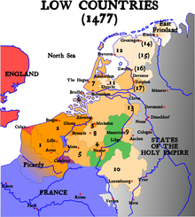 Septiņpadsmit provinces (oranžā, brūnā un dzeltenā krāsa) un Ljēžas bīskapija (zaļā krāsa).