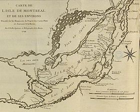 Map of Île de Montréal by Jacques-Nicolas Bellin (1744), on which the city is still referred to as Ville-Marie.