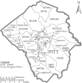 Karta över Pitt County, North Carolina med kommunala och regionala etiketter  