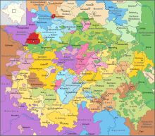 Thuringia and adjacent areas around 1685. The region was fragmented into a number of smaller dominions, one of which was the Duchy of Saxe-Eisenach.