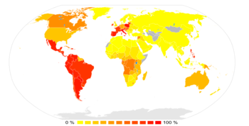 Percentuálny podiel katolíkov v krajinách v roku 2005