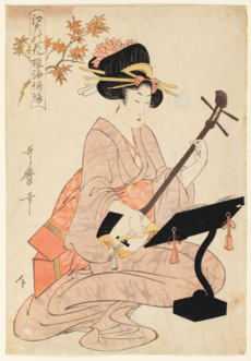 En geisha spiller shamisen. Ukiyo-e-maleri af Kitagawa Utamaro, 1803.  