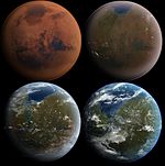 Umělecká představa procesu terraformace Marsu.  