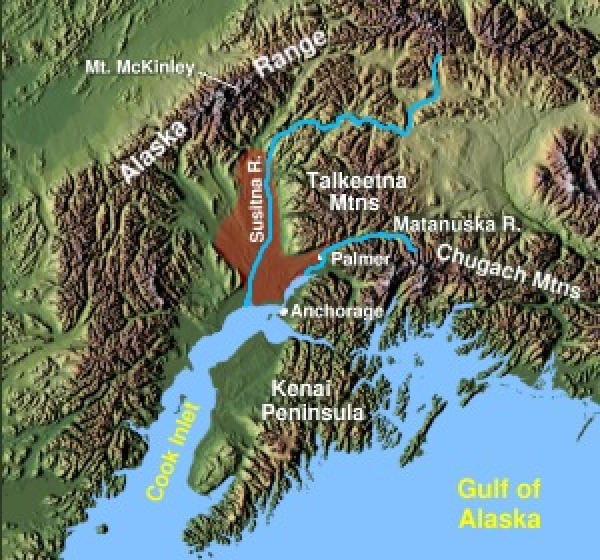 Matanuska-Susitna Valley er vist med rødt skraveret nord for Anchorage, Alaska