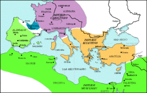 Muslimanska (zeleno območje) prevlada v sredozemskem svetu leta 800 n. št.