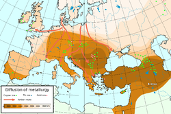 Diffusion de la métallurgie en Europe et en Asie mineure. Les zones les plus sombres sont les plus anciennes
