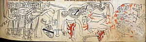 Manuscrito medieval que muestra el cuerpo mutilado de Simón de Montfort en el campo de Evesham  