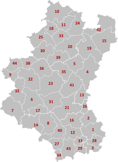 Mapa de los municipios de Luxemburgo (los nombres están en la siguiente tabla)