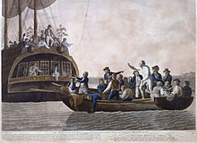 Los amotinados que convierten a Bligh y parte de los oficiales y la tripulación a la deriva del Bounty, 29 de abril de 1789