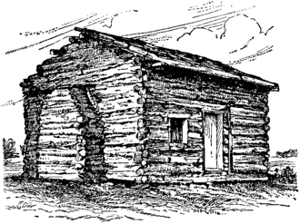 Dibujo del lugar de nacimiento de la cabaña de madera de Abraham Lincoln en Kentucky. Tanto Carson como Lincoln nacieron en cabañas de madera en 1809.