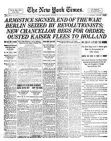 Prima pagină a ziarului New York Times în ziua armistițiului, 11 noiembrie 1918.  