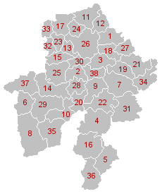 Mapa obcí Namur (názvy sú uvedené v nasledujúcej tabuľke)